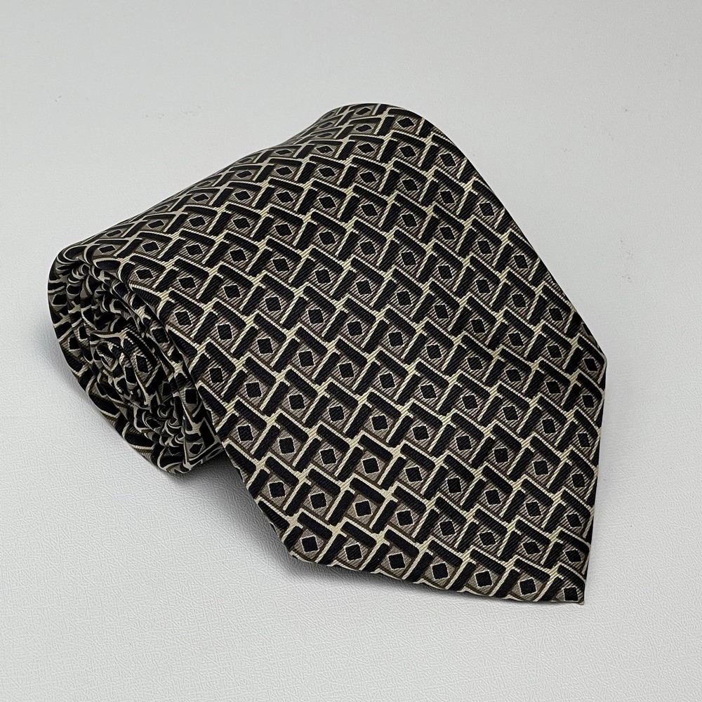 Brooks Brothers Black Brown Necktie Tie Silk Geometric USA Squares Diamonds - Picture 2 of 5